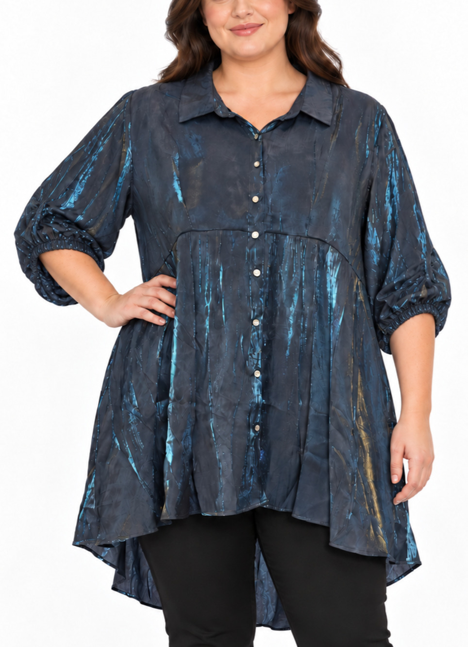 Umgee Plus 2XL Metallic Blue High Low Tiered Button Down Tunic Blouse Festive